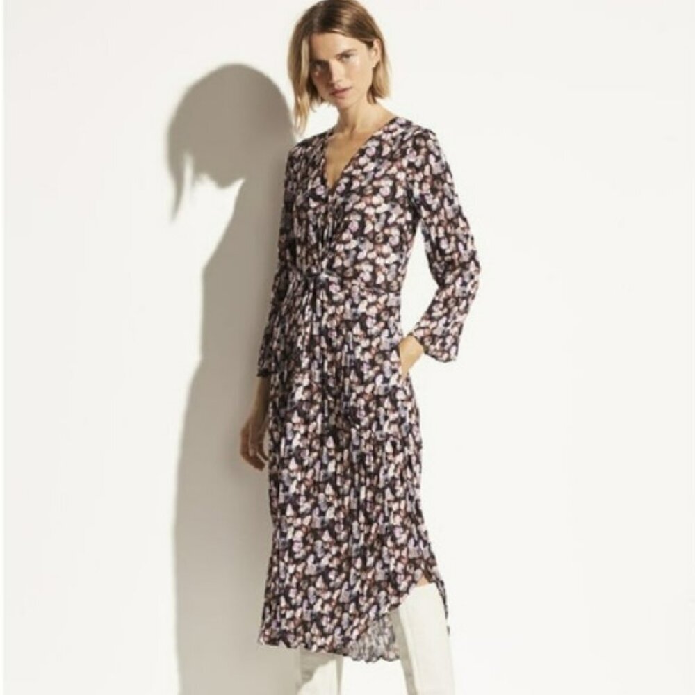 VINCE Micro Painted Floral Twist Front Long Sleeve Dress In‎ Esme Size 6